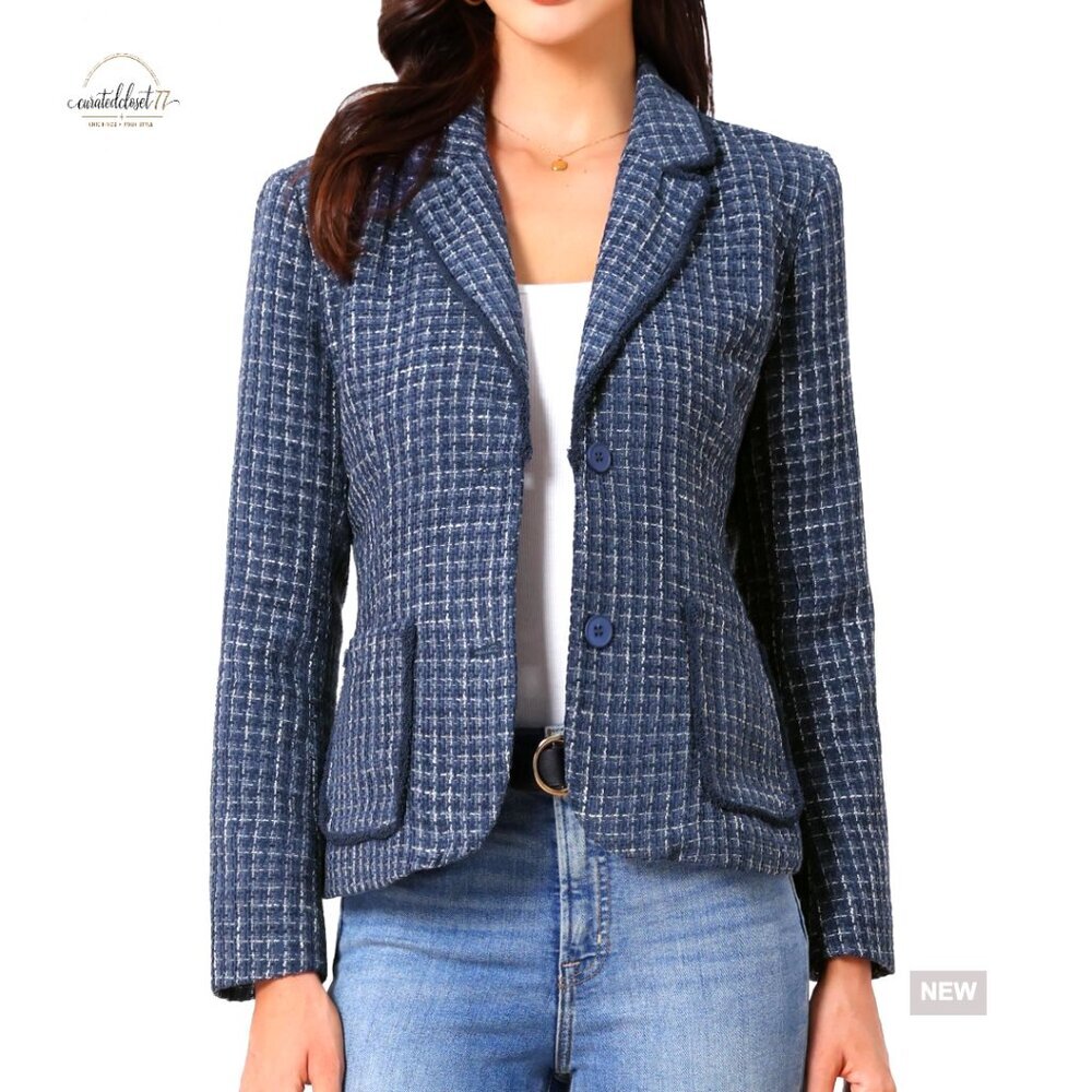 Tweed Blazer Notch Lapel Long Sleeve Business Casual Jacket Regular Fit